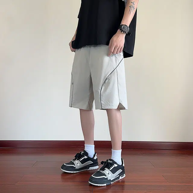 海尔斯 美式高街五分薄款潮牌港风百搭织带拼接休闲宽松工装短裤 男款