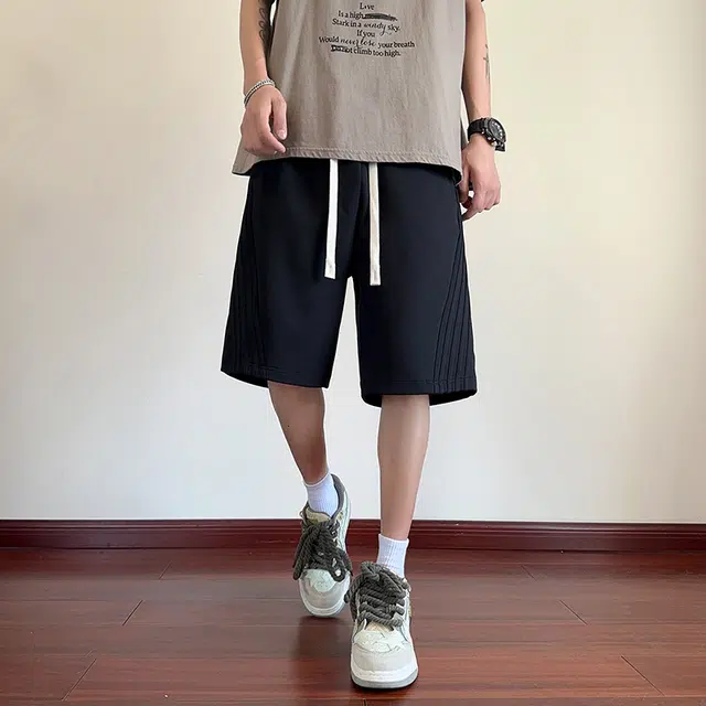 海尔斯 美式高街工装五分裤潮牌百搭帅气松紧腰纯色宽松直筒条纹织带休闲短裤 男款
