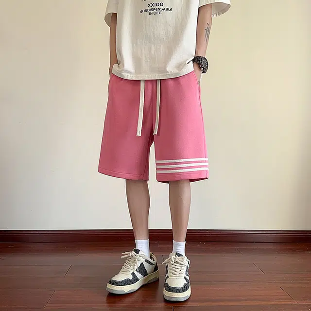 海尔斯 美式高街五分时尚潮牌百搭帅气沙滩裤松紧腰条纹撞色拼接宽松休闲短裤 男款