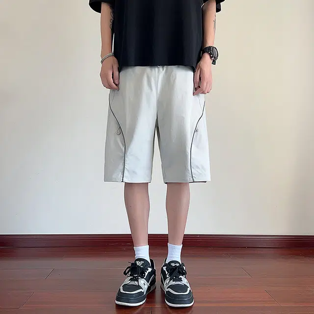 海尔斯 美式高街五分薄款潮牌港风百搭织带拼接休闲宽松工装短裤 男款