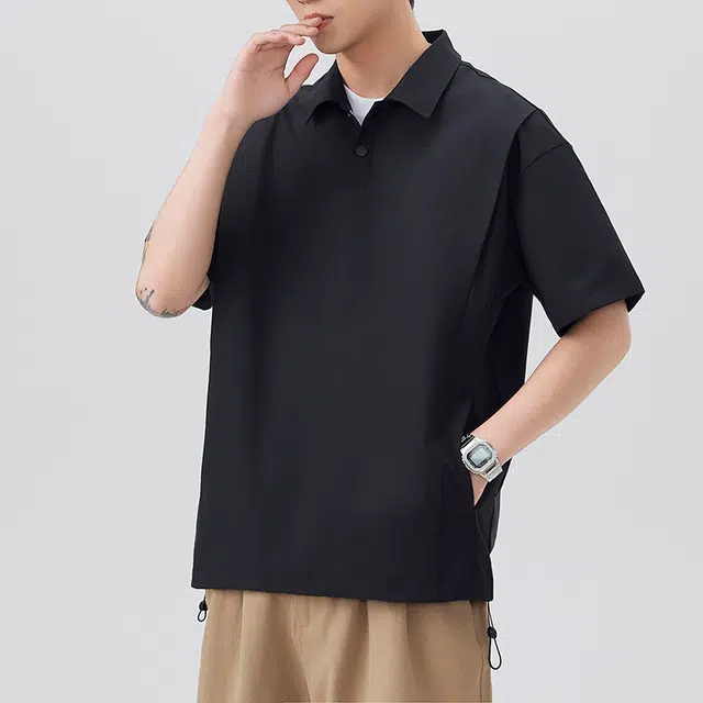 海尔斯 美式复古高街舒适时尚简约纯色宽松百搭休闲运动透气速干短袖衬衫 男款