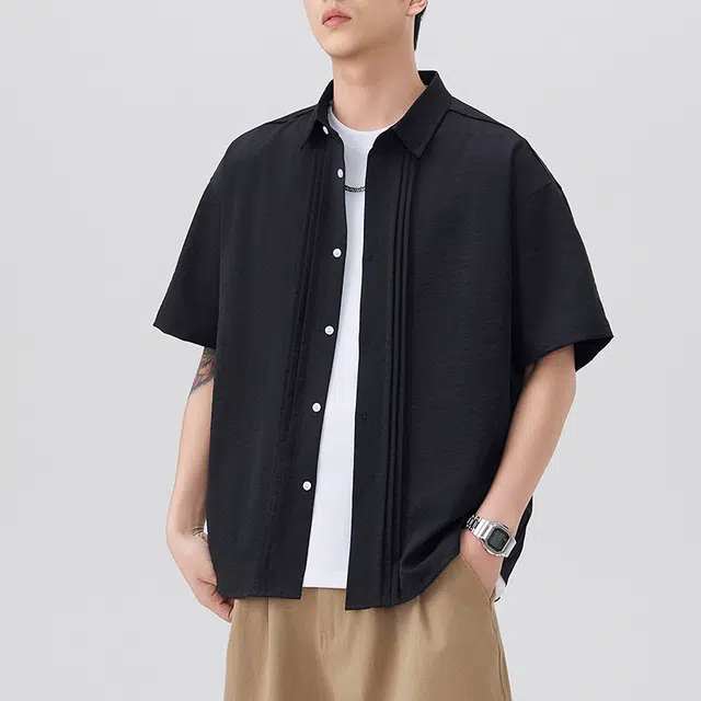 海尔斯 美式复古高街舒适时尚简约纯色拼接条纹宽松休闲百搭翻领短袖衬衫 男款