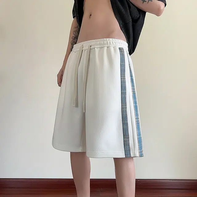 海尔斯 美式时尚潮牌百搭松紧腰条纹撞色拼接宽松系带休闲短裤 男款