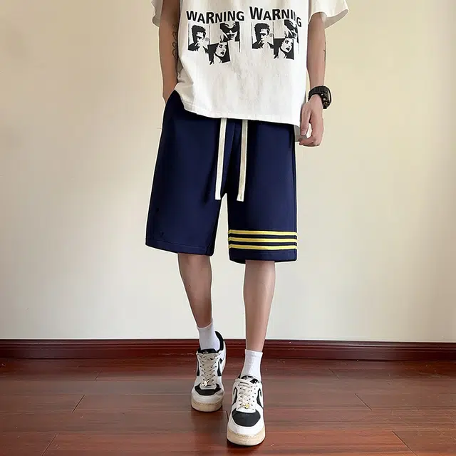 海尔斯 美式高街五分时尚潮牌百搭帅气沙滩裤松紧腰条纹撞色拼接宽松休闲短裤 男款