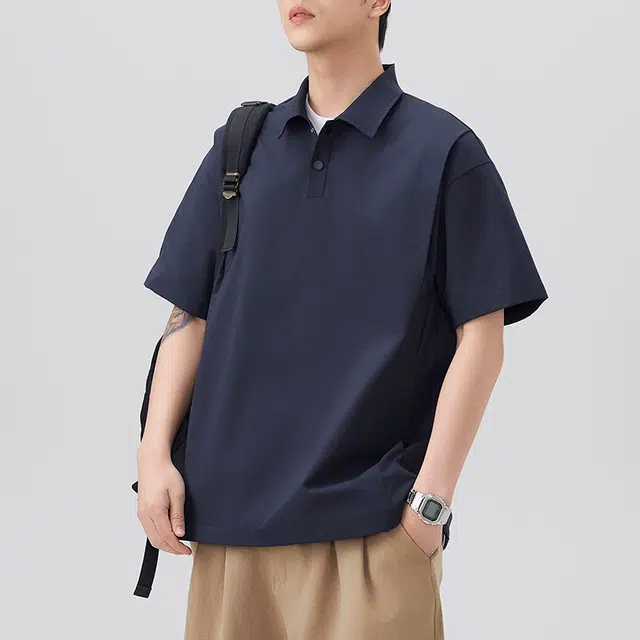 海尔斯 美式复古高街舒适时尚简约纯色宽松百搭休闲运动透气速干短袖衬衫 男款