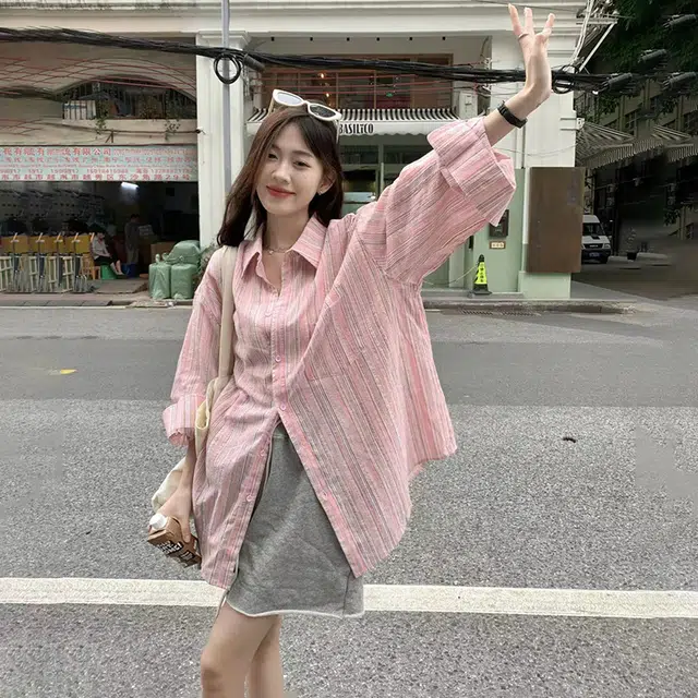 花蔓色 韩版条纹气质休闲防晒长袖开衫衬衫 女款