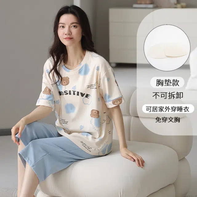 都市丽人 可爱卡通小熊涂鸦休闲时尚舒适透气柔软免穿文胸带胸垫防凸点家居设计感圆领短袖七分裤睡衣套装 女款