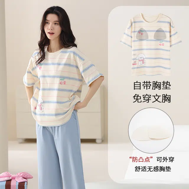 都市丽人 可爱卡通条纹设计感休闲时尚舒适透气柔软免穿文胸带胸垫防凸点家居圆领短袖七分裤睡衣套装 女款