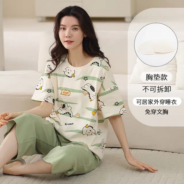 都市丽人 休闲可爱卡通条纹设计感时尚舒适透气柔软免穿文胸带胸垫防凸点家居圆领短袖七分裤睡衣套装 女款