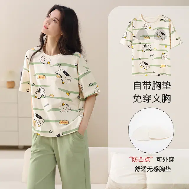 都市丽人 休闲可爱卡通条纹设计感时尚舒适透气柔软免穿文胸带胸垫防凸点家居圆领短袖七分裤睡衣套装 女款