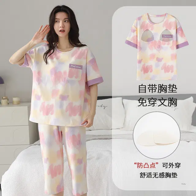 都市丽人 可爱个性涂鸦条纹设计感休闲时尚舒适透气柔软免穿文胸带胸垫防凸点家居带口袋圆领短袖七分裤睡衣套装 女款