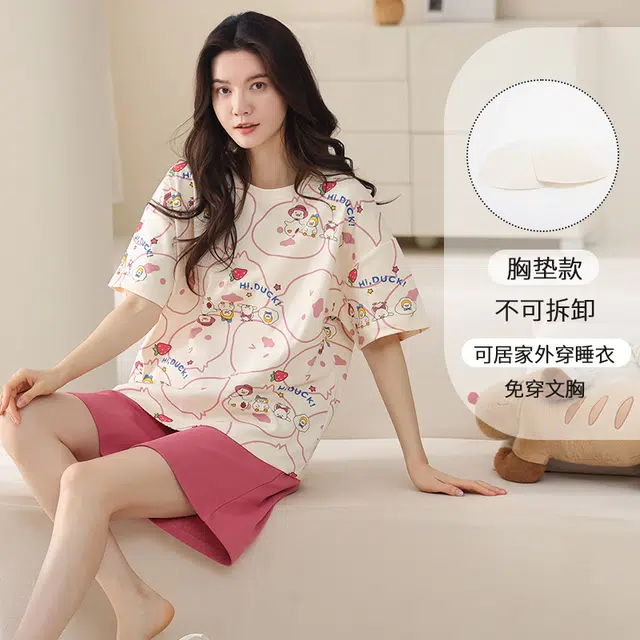 都市丽人 舒适轻薄透气个性图案可爱休闲时尚简约短袖三分裤免穿文胸带胸垫可外穿家居睡衣套装 女款