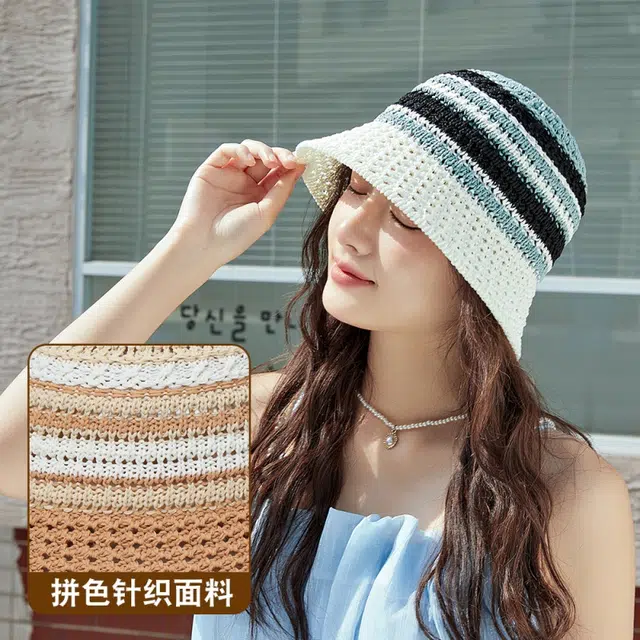 雅鹿 多彩夏日系列 创意撞色条纹针织帽多功能遮阳防晒海边度假拍照上镜 涤纶 渔夫帽 女款