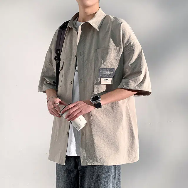 颂希尔 日系纯色痞帅宽松休闲短袖衬衫 男女同款