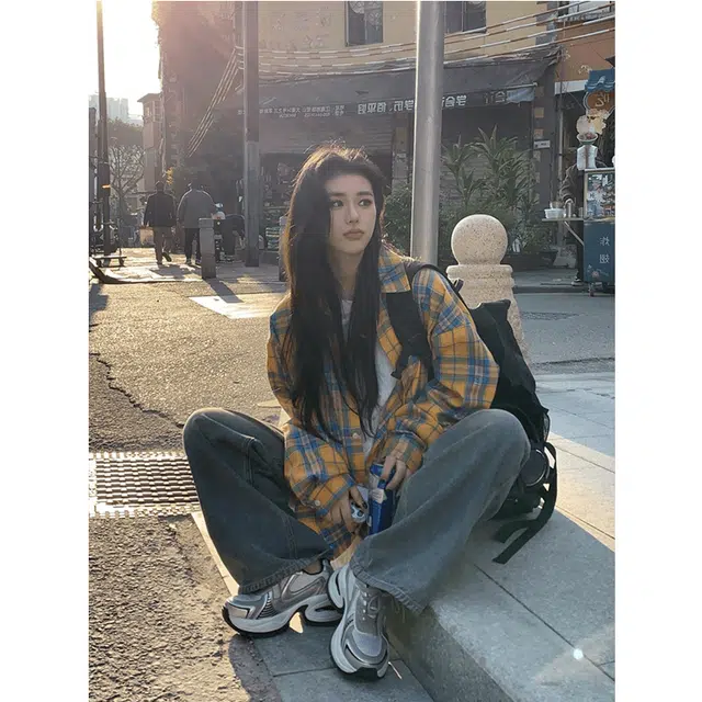 颂希尔 格子衬衣美式复古薄款宽松休闲开衫上衣外套长袖衬衫 男女同款