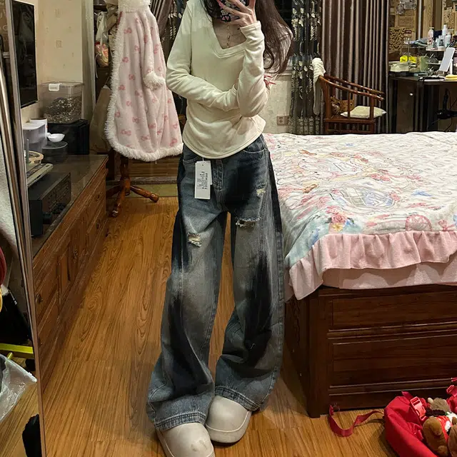 颂希尔 美式宽松直筒复古弯刀破洞高街潮牌涂鸦牛仔裤 男女同款