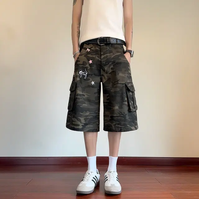颂希尔 美式高街迷彩卡通图案设计七分裤宽松休闲夏季透气速干阔腿牛仔短裤 男女同款