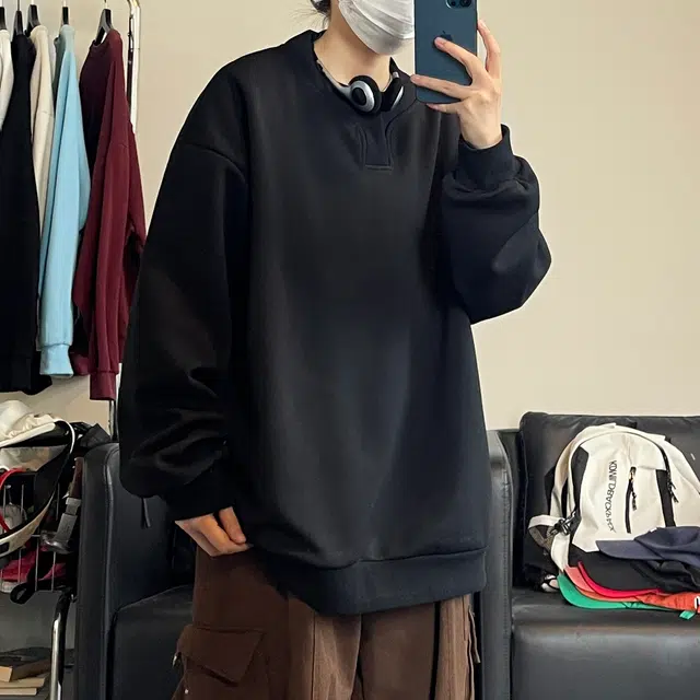 颂希尔 美式高街纯色亨利领设计感长袖上衣宽松潮流痞帅百搭打底卫衣 男女同款