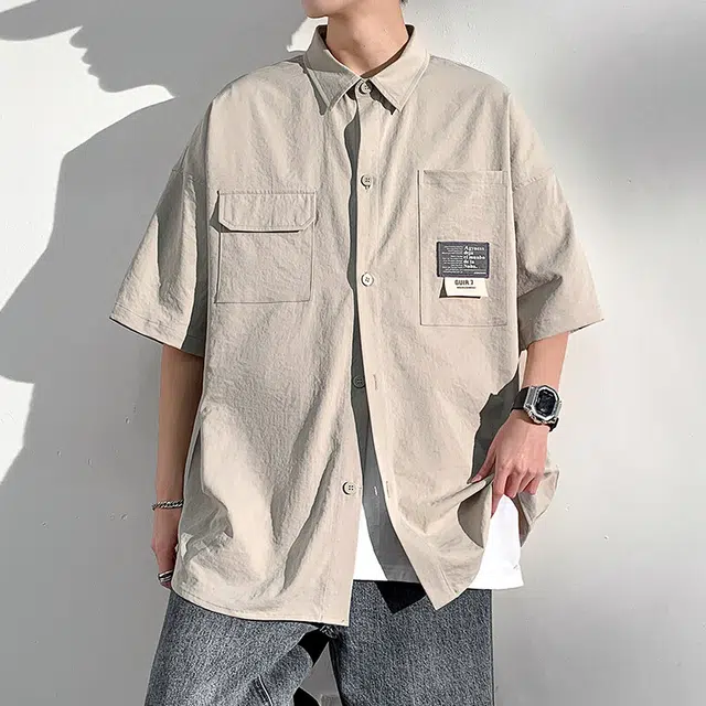 颂希尔 日系纯色痞帅宽松休闲短袖衬衫 男女同款