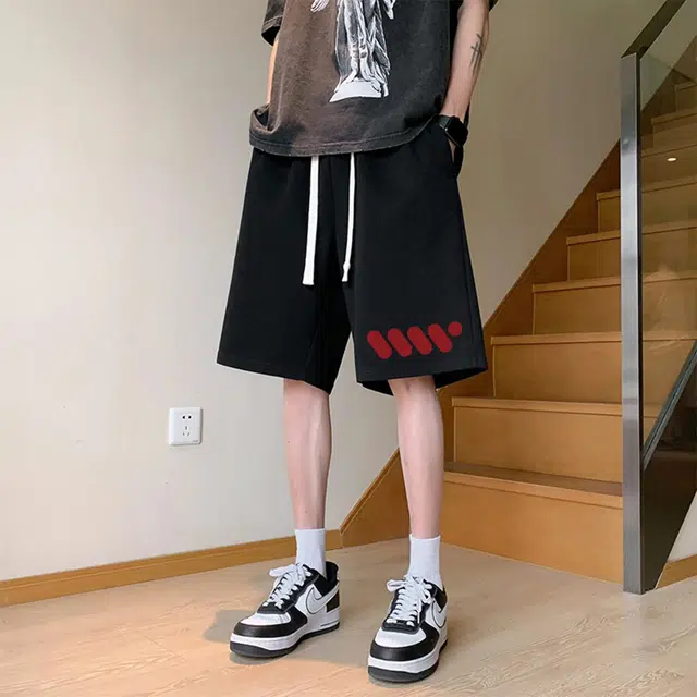 颂希尔 美式高街复古潮牌创意几何图案印花抽绳运动基础款五分裤户外宽松百搭系带篮球裤休闲短裤 男女同款