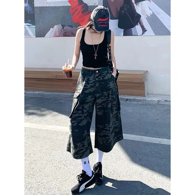 颂希尔 美式复古弯刀迷彩工装裤街头宽松直筒阔腿裤七分休闲短裤 男女同款