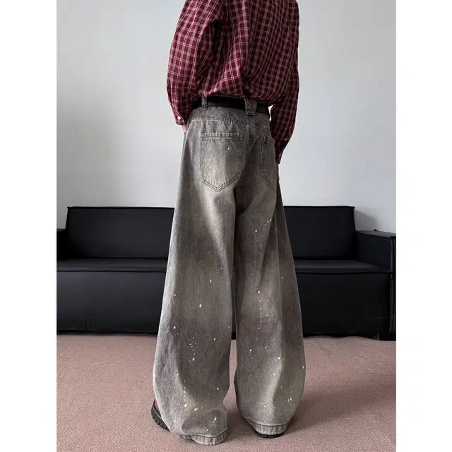 颂希尔 美式水洗做旧泼墨宽松直筒牛仔裤 男女同款 灰色