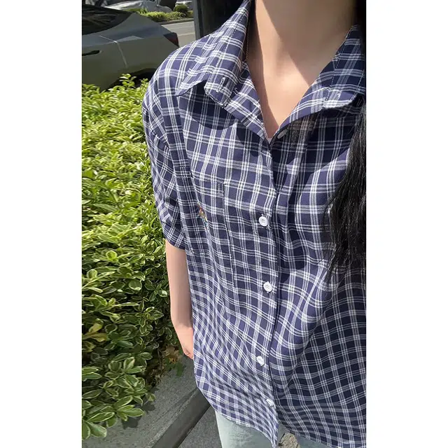 颂希尔 复古宽松纽扣薄款透气简约百搭休闲格子刺绣腊肠狗翻领少年感短袖衬衫 男女同款