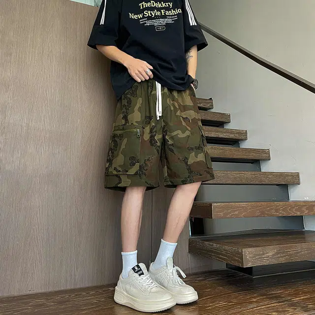 颂希尔 美式复古迷彩五分裤高街多口袋直筒工装潮牌宽松百搭休闲短裤 男女同款