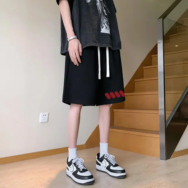 颂希尔 美式高街复古潮牌创意几何图案印花抽绳运动基础款五分裤户外宽松百搭系带篮球裤休闲短裤 男女同款