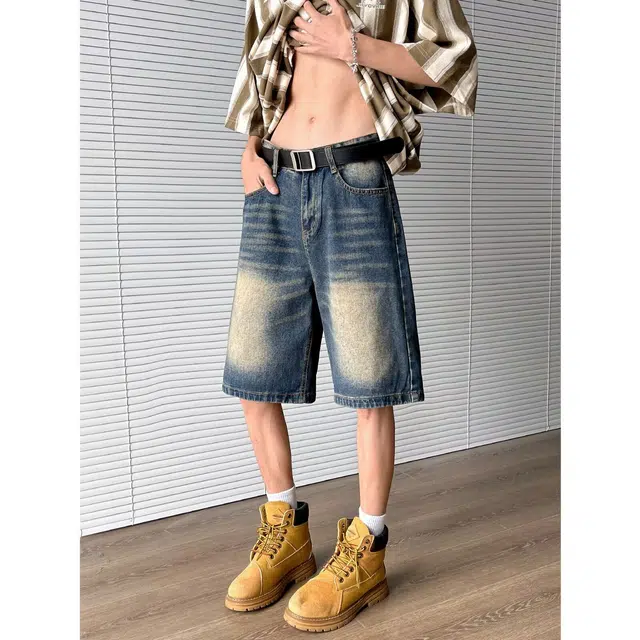 颂希尔 水洗做旧美式复古宽松牛仔短裤 男女同款 蓝色