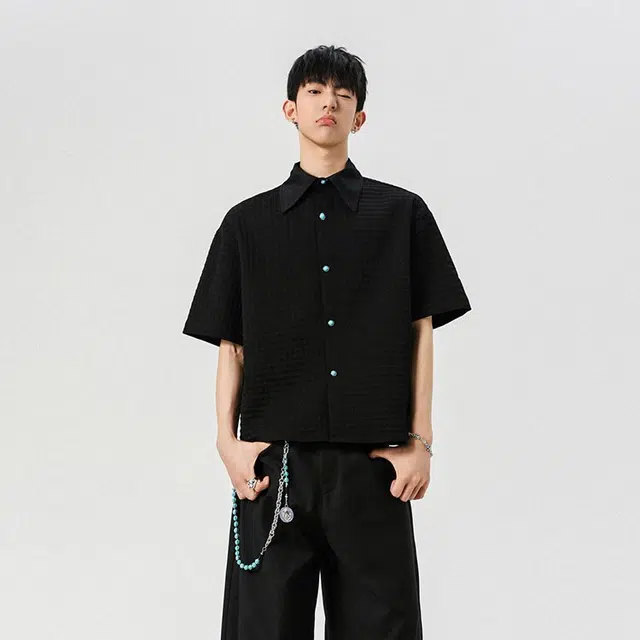 颂希尔 美式潮牌纹理感时尚帅气宽松休闲小众设计感短袖衬衫 男女同款