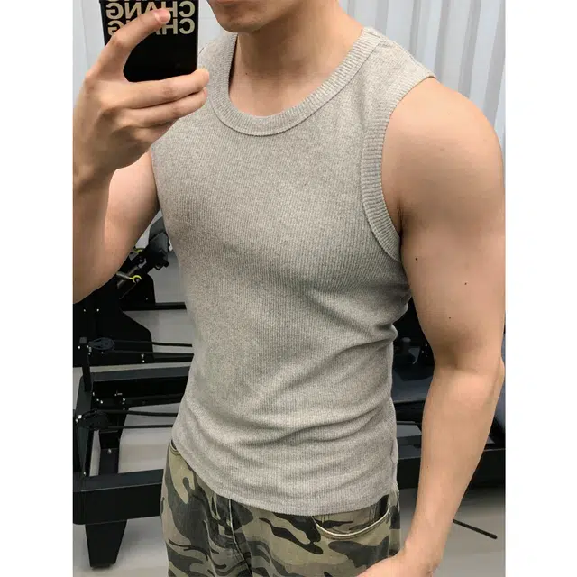 颂希尔 美式重磅竖条纹坎肩运动健身弹力修身无袖背心 男女同款