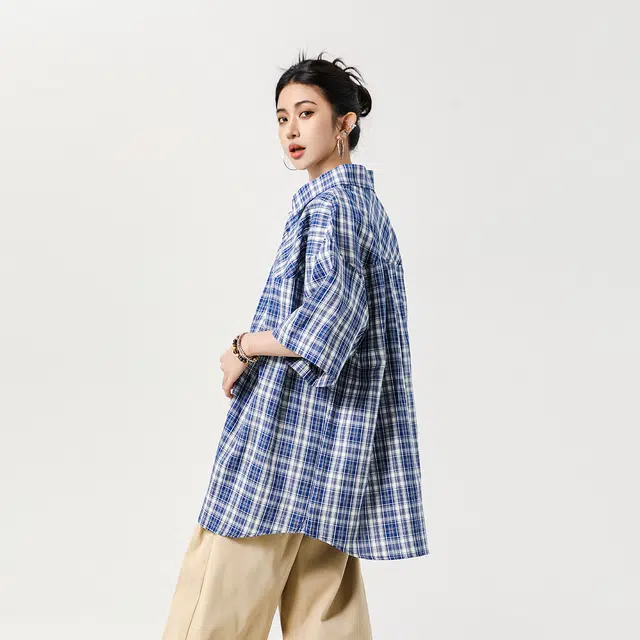 颂希尔 格子衬衣美式复古潮流透气宽松夏季短袖衬衫 男女同款