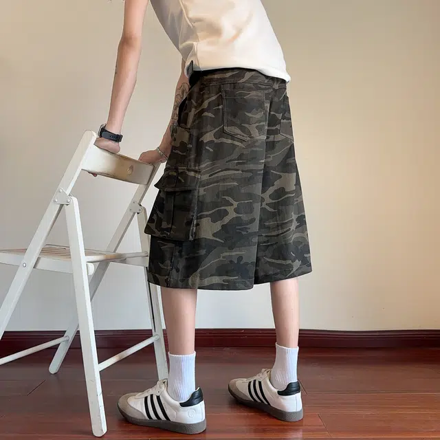 颂希尔 美式高街迷彩卡通图案设计七分裤宽松休闲夏季透气速干阔腿牛仔短裤 男女同款