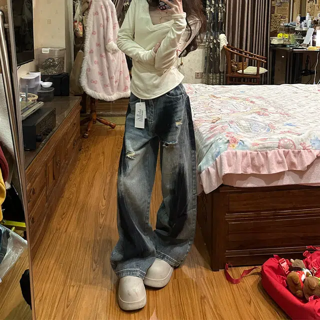 颂希尔 美式宽松直筒复古弯刀破洞高街潮牌涂鸦牛仔裤 男女同款
