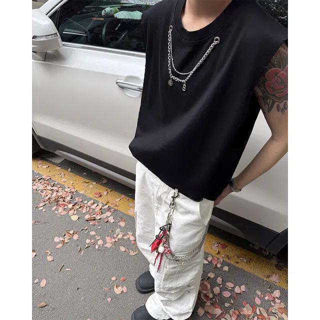 颂希尔 美式街头简约基础款纯色休闲宽松无袖背心 男女同款