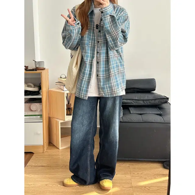 颂希尔 美式高街潮流复古格子大码宽松翻领长袖衬衣休闲春秋内搭帅气百搭衬衫 男女同款