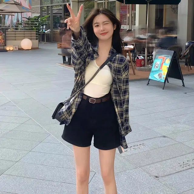 颂希尔 复古美式慵懒宽松休闲防晒翻领格子长袖衬衫 男女同款