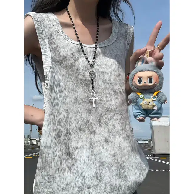 颂希尔 美式脏脏风扎染夏季冰丝肌理感坎肩运动无袖背心 男女同款