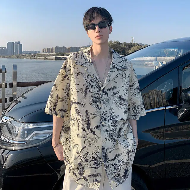 颂希尔 新中式水墨画薄款夏季宽松潮牌休闲短袖衬衫 男女同款