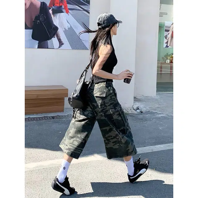 颂希尔 美式复古弯刀迷彩工装裤街头宽松直筒阔腿裤七分休闲短裤 男女同款