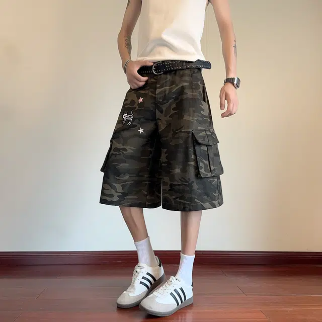 颂希尔 美式高街迷彩卡通图案设计七分裤宽松休闲夏季透气速干阔腿牛仔短裤 男女同款