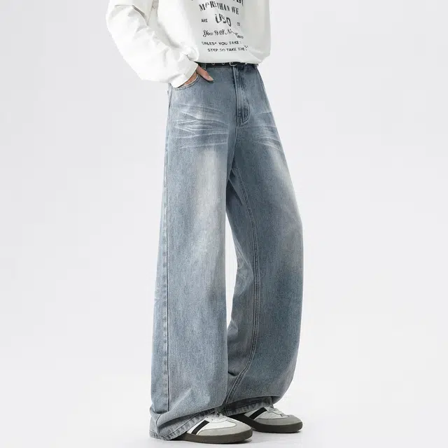 颂希尔 美式复古做旧猫须闪电纹高街水洗基础款简约舒适透气亲肤休闲通勤百搭垂感中腰阔腿保直筒牛仔裤 男女同款