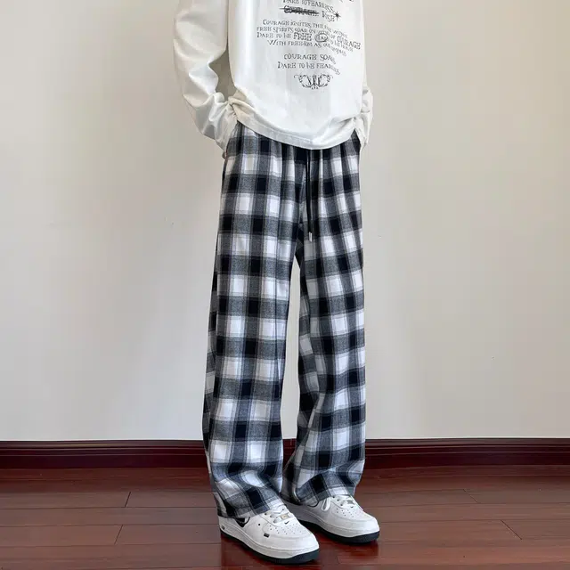 颂希尔 美式高街黑白格子拼色阔腿裤潮流宽松直筒长裤中性百搭休闲裤 男女同款