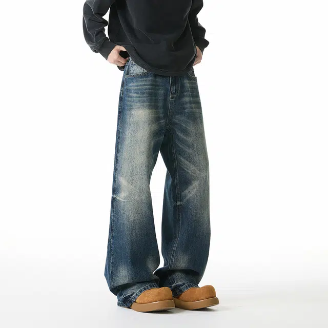 佐菲利 美式复古做旧直筒垂感显瘦小个子低腰阔腿裤子牛仔裤 男女同款