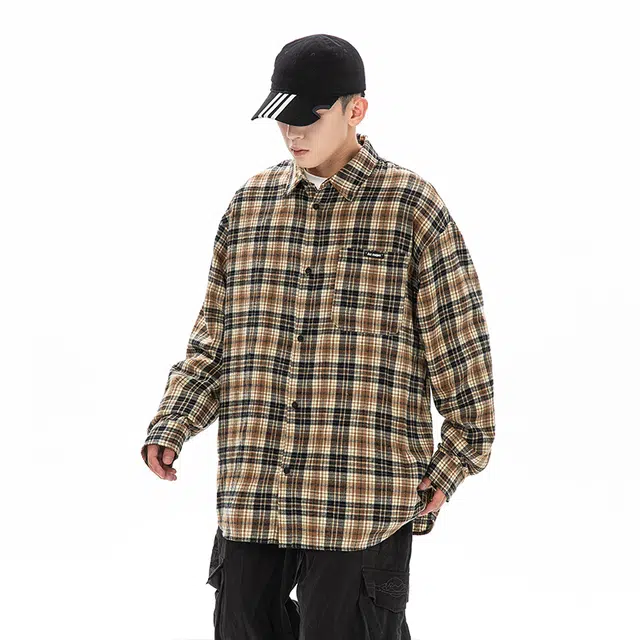 佐菲利 美式复古高级感叠穿格子中性风时尚潮流情侣装衬衫 男女同款