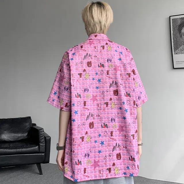 佐菲利 美式涂鸦印花潮牌设计感休闲短袖衬衫 男女同款