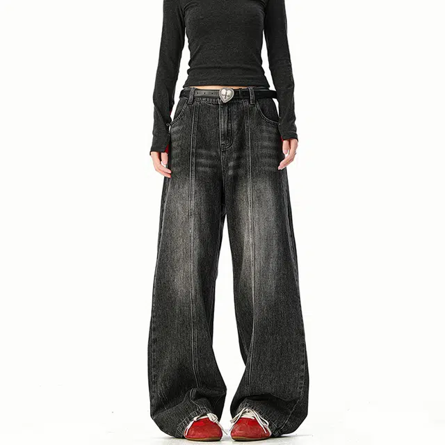 佐菲利 美式复古水洗解构高级感痞帅弯刀裤百搭休闲阔腿裤牛仔裤 男女同款