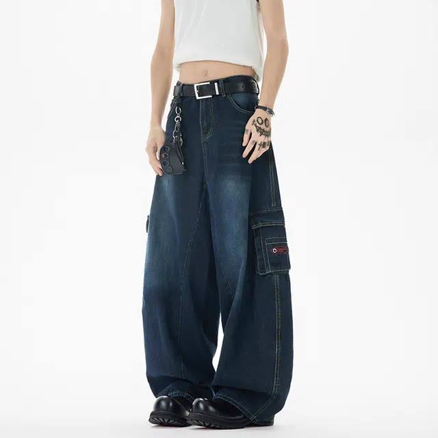 佐菲利 美式水洗多口袋弯刀复古潮牌做旧长裤夏季宽松垂感阔腿裤牛仔裤 男款
