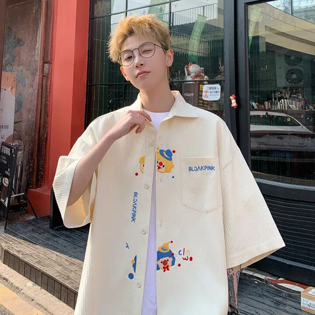 佐菲利 肌理感印花潮牌美式衬衣宽松透气五分袖外套夏季短袖衬衫 男女同款